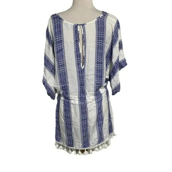 Blue Island S blue & white boho v-neck cover‎ up with tassels Nautical Beachy - Picture 5 of 6
